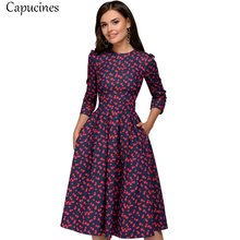 Capucines Elegant Pockets Print A-line Dress Autumn 2021 Women 3/4 Sleeves O-neck Casual Dress for Women Vintage Party Dresses 2024 - buy cheap