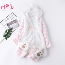 Macacão japonês feminino de inverno, pijama kawaii, orelha longa de gato, peça única, casual, roupa de dormir feminina, para meninas 2024 - compre barato