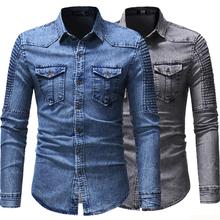 Camisa vaquera de manga larga para hombre, camisas masculinas informales de Color sólido plisado con manga de retales, camisas ajustadas para motorista, azul y gris 3XL 2024 - compra barato