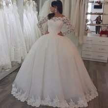 White 2020 Princess Wedding Dresses Long Sleeves Lace Applique Sweep Train Wedding Gowns Custom Made Bridal Dress 2024 - buy cheap