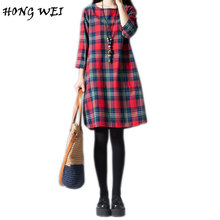 HONGWEI 2017 New Comfortable Long-sleeved Plaid Printing Dress Loose Linen Dress Women Midi  Vestido De Festa Plus Size Dresses 2024 - buy cheap