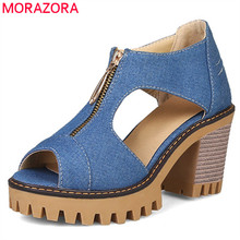 Morazora sapatos de salto alto feminino, mais novo sandálias jeans, dedos peep toe, plataforma, zíper, sapatos de verão, para mulheres, sapatos de escritório, 2021 2024 - compre barato