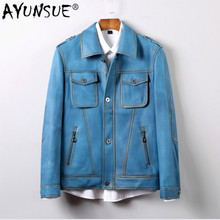 Ayunsua jaqueta de couro legítimo masculina 100%, casaco de pele de carneiro azul coreano slim fit blazer de couro 71503 kj2727 2024 - compre barato