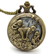 Hot Chinese Zodiac 12 Bronze 3 Monkey Playing Hollow Quartz Pocket Watch Necklace Pendant Carving Back Womens Men GIfts P246 2024 - buy cheap