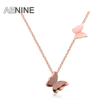 AENINE Cute Matte Double Butterfly Charms Necklace Rose Gold Color Stainless Steel Link Chain Neckalce Jewelry For Women AN17033 2024 - buy cheap