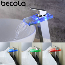 BECOLA-grifo de lavabo de cristal, grifería LED de Color, Diversifica la cascada, Palanca única cromado, grifo de agua con luz LED para baño, LH8059-2 2024 - compra barato