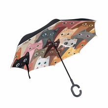 Двойной слой перевернутый мультфильм кошки зонтик автомобилей Обратный ветрозащитный дождь зонты для автомобиля открытый с c-образной ручкой 2024 - купить недорого