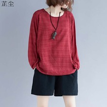 Camiseta feminina plus size xadrez manga longa, xadrez, de linho, tamanho grande, solta, casual, outono 2019 2024 - compre barato