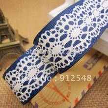 Free shipping, Lace pattern printed 1'' (25mm)blue color Grosgrain ribbon Polyester gift package ribbon DIY hairbow accessories 2024 - buy cheap