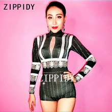 Black White Printed Rhinestones Bodysuit One-piece Stretch Playsuit Women's Prom Party Outfit Female Singer Costume Sexy Leotard 2024 - buy cheap