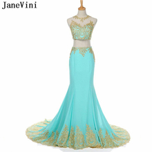 JaneVini 2019 Charming Long Two Pieces Prom Dresses O Neck Gold Lace Appliques Illusion Back Mermaid Chiffon Formal Party Gowns 2024 - buy cheap