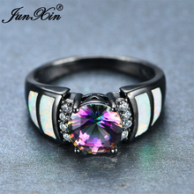 Junxin anel feminino com opala de fogo branca, anel redondo, de arco-íris, preto, dourado, joias vintage, anéis de casamento para mulheres 2024 - compre barato
