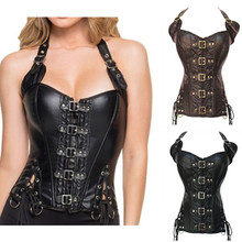 Steampunk Sexy Black Faux Leather Buckle Overbust Halter Corset Top Waist Corselet Burlesque Costume Push Up Corsets 2024 - buy cheap