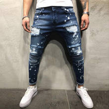 Обтягивающие рваные джинсы для мужчин, мужские синие мотоциклетные джинсы, джинсовые штаны, модные брендовые рваные байкерские джинсы, большие размеры XXXL 2024 - купить недорого