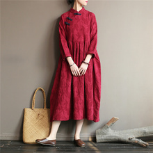 Johnature-vestido chino Vintage de algodón y lino para mujer, ropa informal holgada de manga larga con botones, 2021 2024 - compra barato