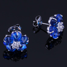 Sparkly Flower Blue Cubic Zirconia White CZ Silver Plated Stud Earrings V1040 2024 - buy cheap