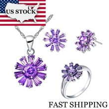 USA STOCK Uloveido Crystal Wedding Jewelry Sets Silver Color Flower Necklace Jewelry Earrings Rings Purple Rhinestone Gifts T323 2024 - buy cheap