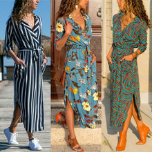 2019 Women Boho Sundress Floral V-Neck Loose Long Maxi Dress Summer Ladies Vestidos Bandage Striped Party Holiday Beach Dresses 2024 - buy cheap