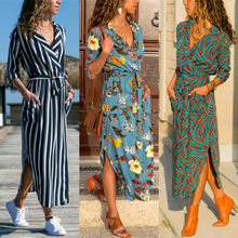 2019 Mulheres Boho Vestido de Verão Floral Com Decote Em V Soltas Longo Maxi Dress Senhoras Vestidos Bandage Partido Listrado Vestidos de Praia Férias de Verão 2024 - compre barato