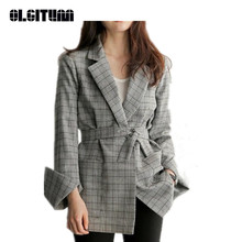 New OLGITUM Hot Sale Office Lady Women Gray Plaid Blazer Bow Sashes Split Sleeve Jackets Elegant Work Blazers Feminino BL032 2024 - buy cheap