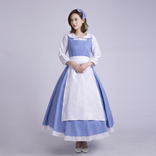 Nova chegada princesa belle adulto cosplay traje azul maid fantasia festa de halloween vestido feito sob encomenda 2024 - compre barato