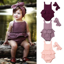 PUDCOCO Summer Newest Newborn Baby Girls Cotton Romper Solid Sling Jumpsuit Playsuit Headband Outfits Casual Clothes Set 0-24M 2024 - buy cheap