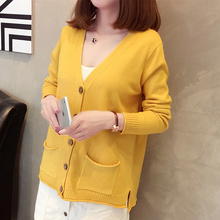 2019 Women Autumn Cardigan Yellow Knit Sweater Coat Long Sleeve Fashion Ladies Knitwear Black Cardigans Sweaters With Pocket 2024 - buy cheap