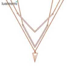 LUOTEEMI Elegant Double V Shape Necklace Micro Paved Cubic Zircon Triangle Pendants 3pcs Link Chain Jewelry For Women Gifts 2024 - buy cheap