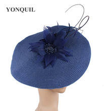 New Navy Blue Vintage Millinery Hats Feather Flower Church Fascinators Headbands Hair Accessories Wedding Event Floral Headwear 2024 - buy cheap