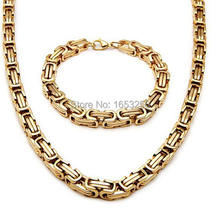 One set Gold  Huge 9mm stainless steel Fashion Byzatine Chain Link necklace + bracelet Set Men's Cool Jewelry set 2024 - buy cheap