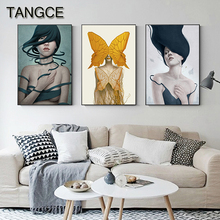 Abstract Golden Butterfly Girl Painting Nordic Wall Art Cuadros for Living Room Hand Drawn Characters Tableaux Big Poster Print 2024 - buy cheap