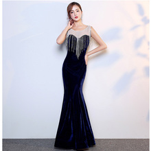 Blue Velvet Diamond Tassel Tank Sleeveless High Quality Luxury Womens Dresses New Arrival 2018 Party Dress Elegant Sexy Clubwear 2024 - buy cheap