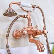 Antique Red Copper Brass Dual Cross Handles Wall Mounted ClawFoot Bath Tub Faucet Mixer Tap With Hand Shower Spray mna321 2024 - buy cheap