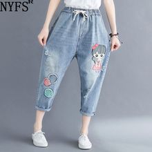 NYFS Women Plus Size Jeans Pants 2020 Summer Elastic Waist Fashion Loose Oversized Pants Female Cartoon embroidery Trousers 2024 - buy cheap