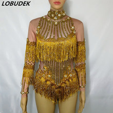 Gold Fringes Rhinestones Bodysuit Women Stage Dance Costume Nightclub Female Singer Performance Outfit Crystals Leotard Catsuit 2024 - buy cheap