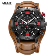 Megir relógio esportivo casual masculino, de quartzo com pulseira de couro, cronógrafo, à prova d'água com 3 barras luminoso 2099 preto 2024 - compre barato