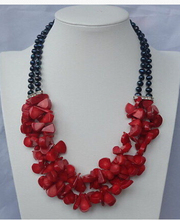 Beautiful! 2row black Pearl&Red Coral Necklace 2024 - buy cheap