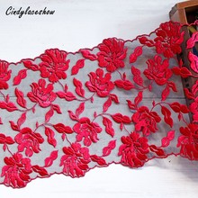 1 Meter 22 CM Width Red Flower Embroidered Lace Trim Black Mesh Costume Decorative Lingerie Bra Trimmings Dress Fabric DIY Craft 2024 - buy cheap