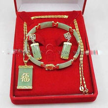 Free Shipping Green  Inlay Link Bracelet Earrings Necklace Pendant Set 2024 - buy cheap
