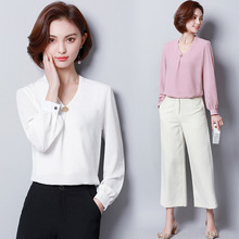 Женская шифоновая блузка с длинным рукавом и V-образным вырезом 2024 - купить недорого