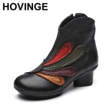 Hovinge botas femininas de couro legítimo, calçado feminino confortável estilo popular, quente para inverno 2018 2024 - compre barato