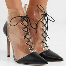 Spring Transparent PVC Patchwork Pointed Toe Ankle Boots  Lace Up Stiletto High Heels Lucency Short Boots Rome Boots 2024 - buy cheap