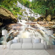 Beibehang-papel tapiz de seda verde para sala de estar, Mural grande personalizado de hojas, bosque, cascada, 3D, HD 2024 - compra barato