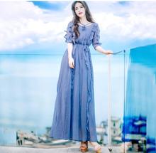 Vestido de chiffon feminino outono elegante plissado manga com decote em v folha de lótus vestidos longos meninas casual moda azul vestido 2024 - compre barato