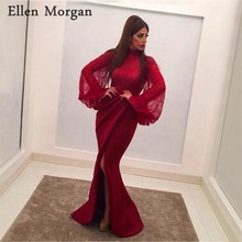 Burgundy Satin Mermaid Evening Dresses 2019 Special Occasion Sexy Split Long Sleeves Saudi Arabian Formal Gowns For Women Wear 2024 - buy cheap