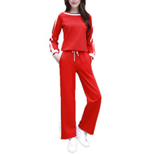 Conjunto de calças esportivas de algodão femininas, 2 peças, vermelho, com manga comprida, listrado, pernas largas, 2019 2024 - compre barato