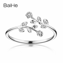 Baihe sólido 10k ouro branco feminino diamante anel de noivado flor casamento banda feminino aniversário do dia dos namorados anel de folha de diamante 2024 - compre barato