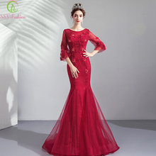 SSYFashion New Banquet Elegant Mermaid Evening Dress 3/4 Sleeves Sweep Train Burgundy Lace Appliques Fishtail Formal Prom Gowns 2024 - buy cheap