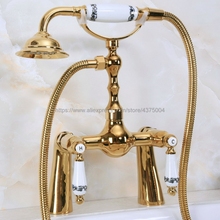 Polished Gold Brass Shower Faucet Deck Mounted Double Handles Bathroom Shower Mixer Faucet with Hand Shower Nna139 2024 - buy cheap