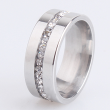 8mm prata cor média única fileira de cristal 316l anéis de casamento de aço inoxidável para mulheres masculinas atacado 2024 - compre barato